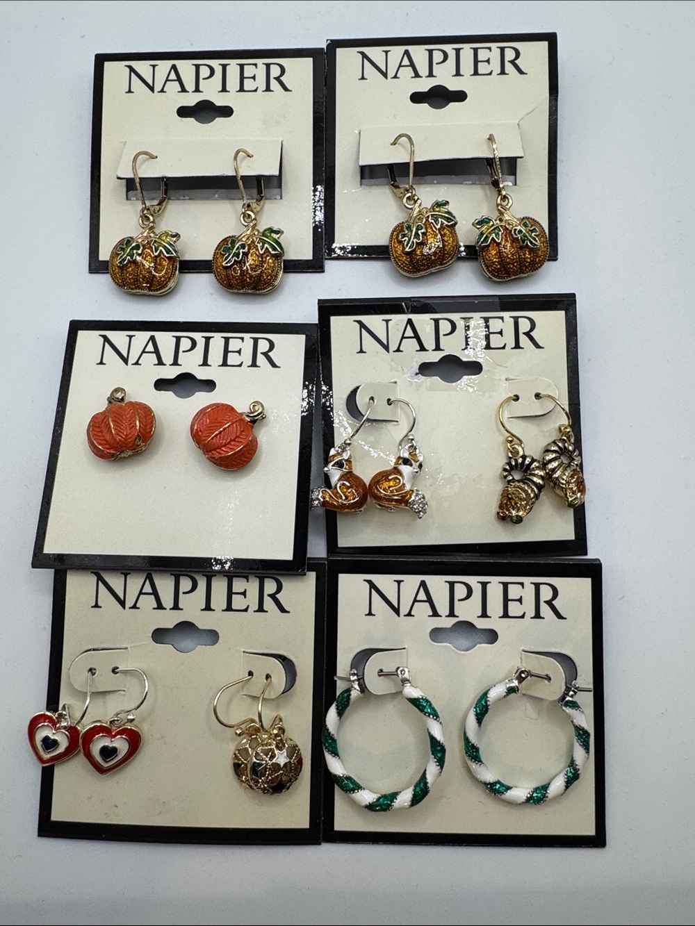 6 x Napier Holiday Pumpkin & Festive Earrings - Orange, Gold, Green, Red, White